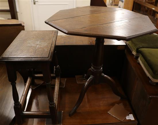 A 19th century oak octagonal tilt-top table and an oak stool